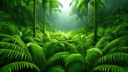 Lush green tropical rainforest with tall palm trees and vibrant foliage, bathed in sunlight, creating a serene and dense natural landscape.