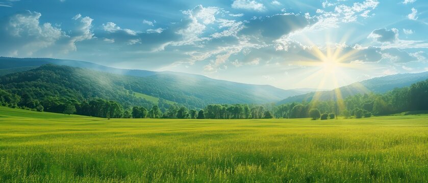 Technology meets nature: a laptop keyboard amidst green fields and blue skies with scattered clouds