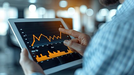 Person analyzing data graph on a digital tablet in an office setting, showcasing business analytics and stock market trends.