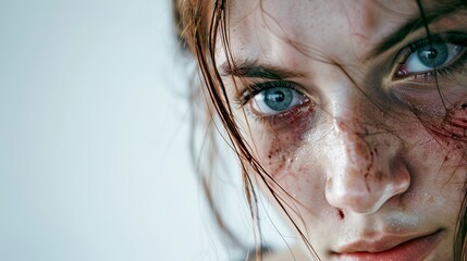 Fototapeta premium Close-up of a young woman's dirt-streaked face with piercing blue eyes. Dramatic and intense portrait with a raw, gritty style. Useful for themes of survival, resilience, and strength. AI