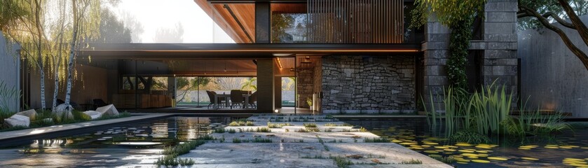 Fototapeta premium Modern building with stone and timber construction, lowimpact design, and energyefficient design, front view, emphasizing green living, robotic tone, Monochromatic Color Scheme
