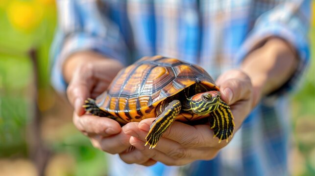 Person holding a vibrant turtle with a colorful shell, captured outdoors in natural light. Ideal for wildlife and nature themes.
