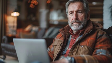 An older man with a gray beard and a plaid jacket sits indoors using a laptop, symbolizing wisdom and adaptation to technology, amidst a warm, inviting setting.