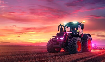 Fototapeta premium Powerful tractor working on farmland at sunset, with vibrant colors in the sky. Perfect for agricultural themes and rural landscapes.