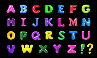 Colorful Glossy 3D Alphabet Letters and Punctuation Marks on Black Background