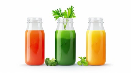 Three jars of fresh vegetable and fruit juices: orange, green, and yellow juices with parsley, broccoli, and spinach, isolated on a white background.