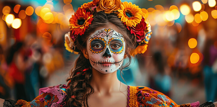 Happy child with catrina face paint celebrating Day of the Dead at traditional Mexican street party, outdoor evening, wide banner, copy space