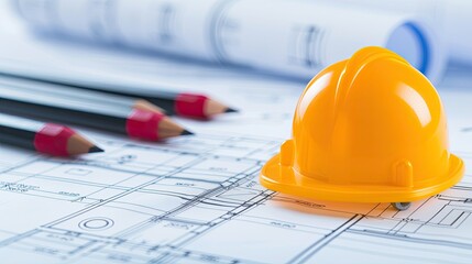 Yellow construction helmet on architectural blueprint, with pencils in the background, representing planning and engineering in the construction industry.