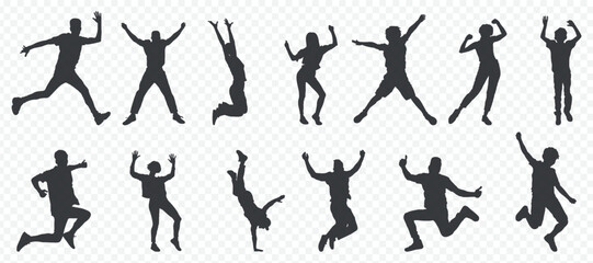 International Youth Day, Music Day, Energetic Jumping. Silhouettes, Displaying Joy and Celebration in Various Poses. Black, silhouette, Isolated On White And Transparent Background Png File

