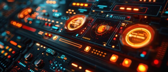 A computer monitor with a lot of buttons and glowing lights