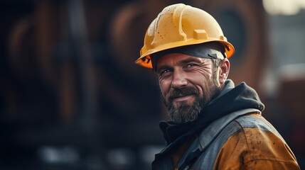 smiling Caucasian worker in a hard hat while in the factory workshop looks at the camera. worker of a large metallurgical or mechanical plant portrait