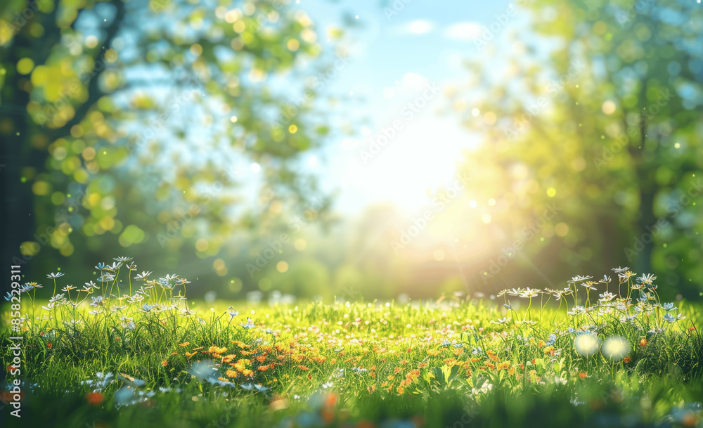 Wall mural sunny idyllic meadow with wildflowers, blooming blossoms, green trees, and blue skies