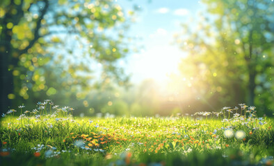 Fototapeta premium Sunny idyllic meadow with wildflowers, blooming blossoms, green trees, and blue skies