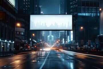 A city street at night with a large billboard in the middle