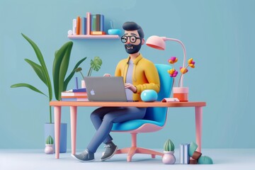 3D Illustration Of a Man Working On His Laptop, Soft Pop Cartoon, 3D Character Icon, Technology Concept, Isometric View