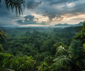 Fototapeta premium Green forest background. Nature jungle landscape. Amazon rainforest tree with tropic plant. Tropical leaves for fantasy wallpaper. Wild grass for summer rain.