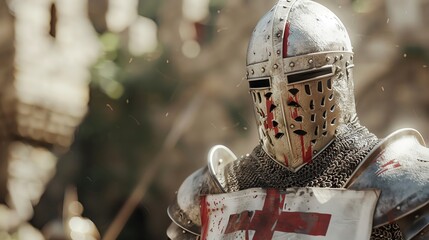 A closeup of the helmet and armor worn in the style of an medieval English knight, with a red cross on a white tabard, in a full body shot, with the background being a castle court