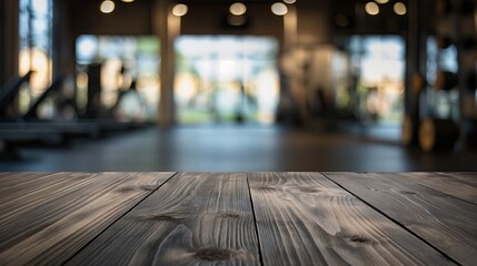 a close up of a rustic empty wooden table with blurred gym background