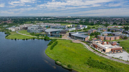 York University, aerial view of the University of York, England. Campus and main buildings on a summers day.