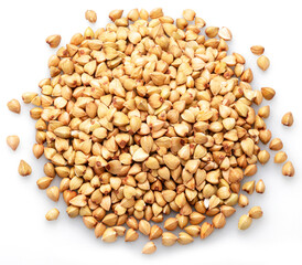 Hulled kernels of buckwheat cereal isolated on white background.