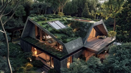 Modular Polish house with recycled materials, flexible and adaptive design, and ecofriendly materials, top view, showcasing sustainable living, futuristic tone, vivid