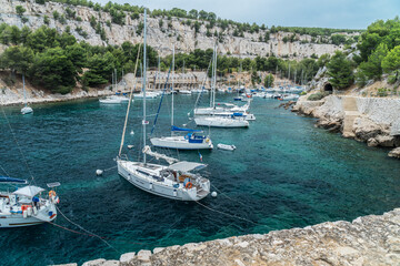Boats and yachts in Calanques National Park, natural landmark of France.