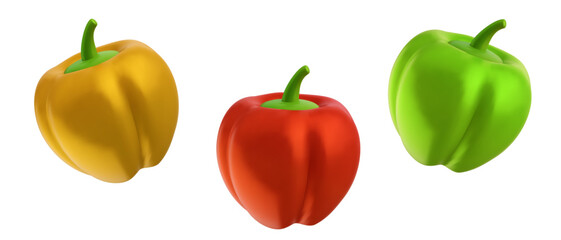 3d cartoon bell pepper in cute realistic style. Red, green and yellow plants isolated on white background. Vector illustration.