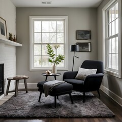 contemporary lounge area with a comfortable chair, ottoman and natural lighting, creating a relaxing and stylish living space