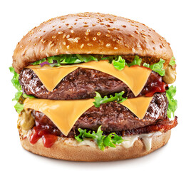 Tasty burger with double beef patty, cheese and lettuce on white background.