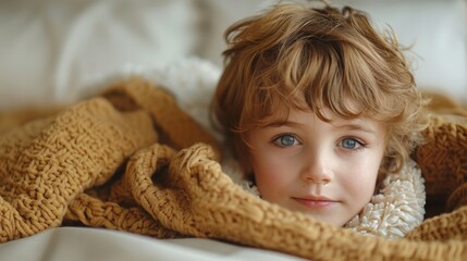 A young child with light hair is peacefully resting in a soft, knitted blanket on a bed, capturing a moment of tranquility and comfort, with eyes open into camera.