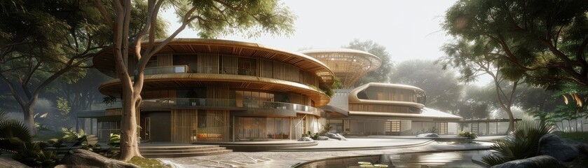 Fototapeta premium Modern building with bamboo and thatch roofing, lowimpact design, and ecofriendly materials, front view, emphasizing green construction, robotic tone, Monochromatic Color Scheme