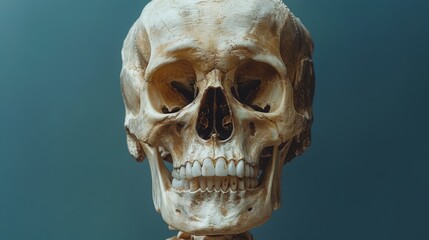 Obraz premium A front-facing view of a human skull, clearly displaying the intricate bone structure and anatomic details, often used for educational and scientific purposes.