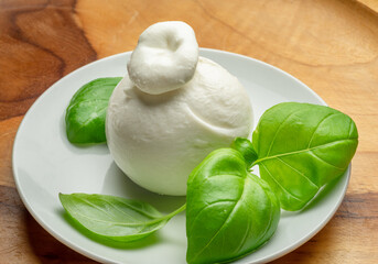 Ball of mozzarella or burrata cheese with fresh basil leaves on white plate on wooden background.