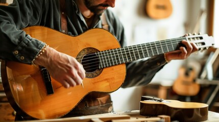 Obraz premium Working on a classical spanish guitar by an anonymous luthier