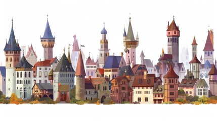 Obraz premium Historical buildings with fortress towers. Recent hand drawn modern landscape illustration of medieval background.