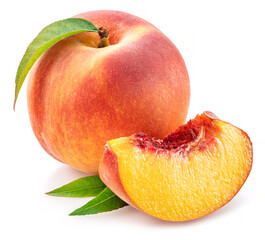 Ripe red peach with juicy peach slice and green leaf isolated on white background.