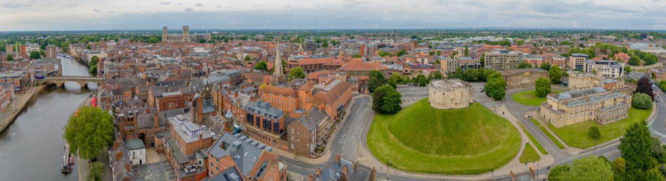 York city centre aerial view from Clifford Tower with historic streets, River Ouse and medieval architecture in Yorkshire.