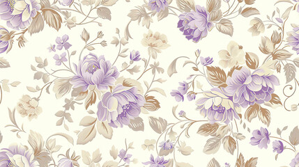Vintage Floral Rococo Wallpaper with Cream Background and Purple Accents