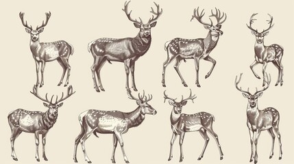Sketches of deer isolated on beige background. Modern illustration of wild stag. Vintage engraving of Sika deer. Sketch of forest animals in sepia.