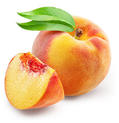 Ripe red peach with juicy peach slice isolated on white background. File contains clipping path.