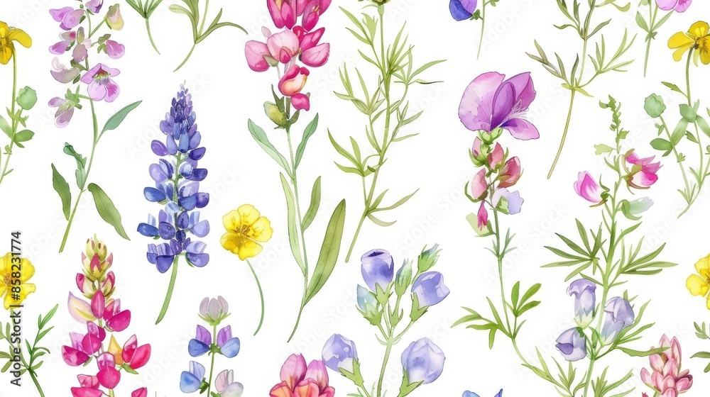 Sticker The wild flowers watercolor seamless pattern is a botanical illustration drawn by hand in watercolor