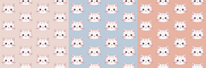 Kawaii patterns for cat day. Cute cat faces pattern. Cat seamless pattern.