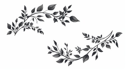 An arrangement of flowers and leaves on a tree branch. Modern graphic of laurel leaves.