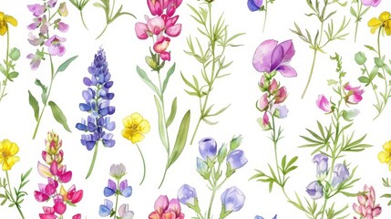 The wild flowers watercolor seamless pattern is a botanical illustration drawn by hand in watercolor