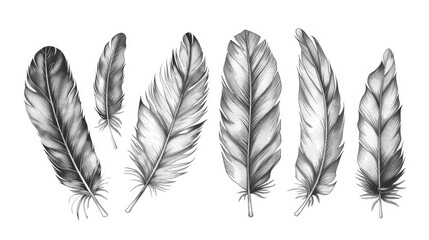 Obraz premium Feather engraved in sketch style on white background. Hand drawn ink illustration.
