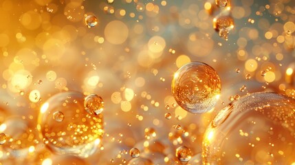 Close-up of golden oil drops suspended mid-air, illuminated by vibrant bokeh lights in the background, creating a sense of beauty and fluid motion in a contemporary setup.