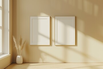 A white framed picture hangs on a wall in a room with a window