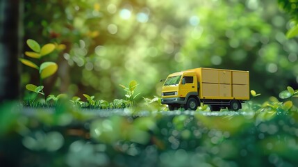 A yellow truck and cardboard boxes in a green forest with a blurred background, copy space concept for an online delivery service business idea in the style of space concept.
