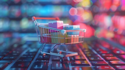 Abstract mini shopping cart with colorful boxes on computer keyboard, in the style of an online store concept background