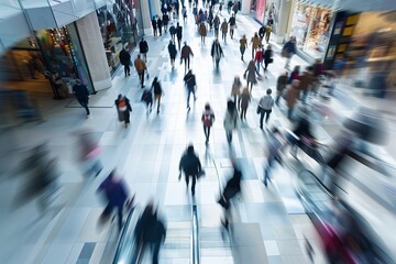 A busy shopping mall with people walking around and carrying bags